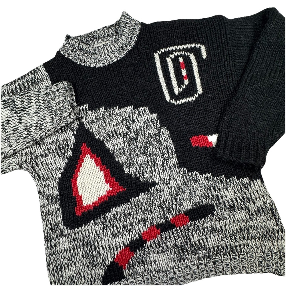 Vintage Le Tigre Acrylic Sweater Men Lg Abstract‎ 90s Grandpa Black